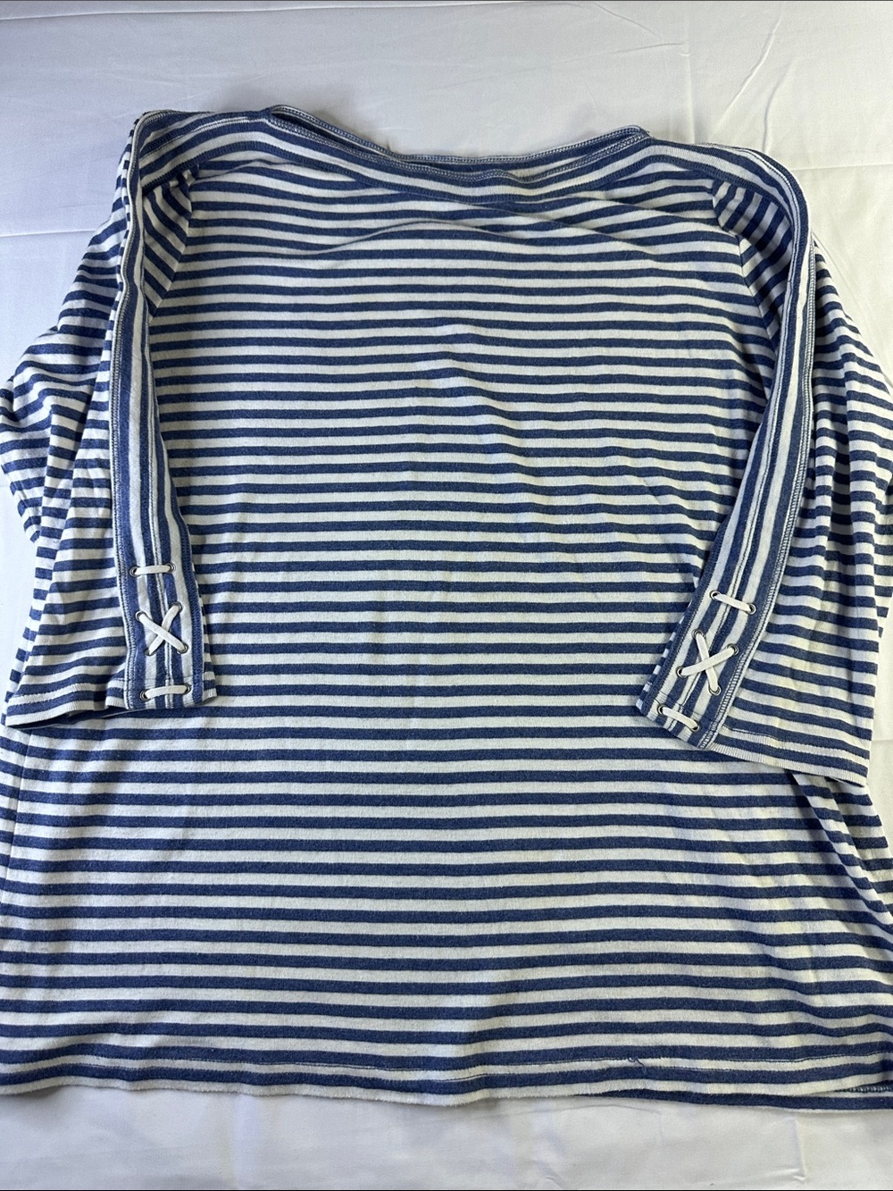 Striped Blue and White Women’s Boatneck Top with 3/4 Sleeves